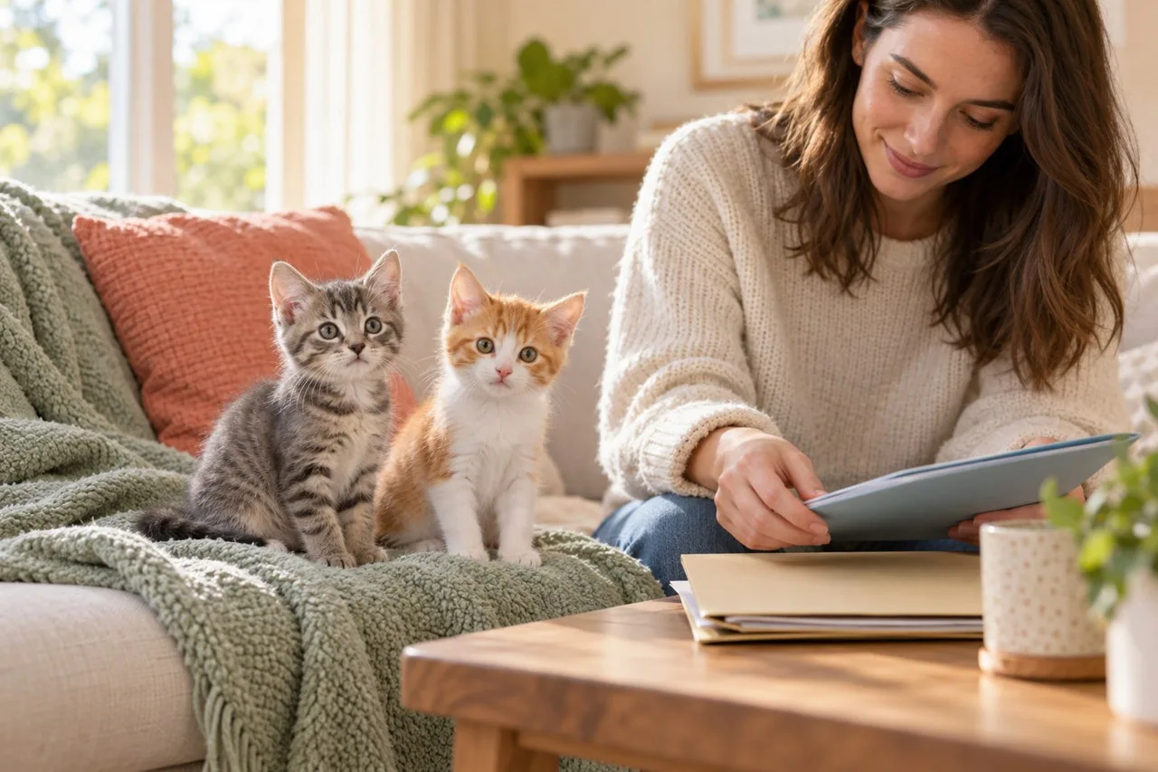 Two kittens beside a caregiver and folders at home